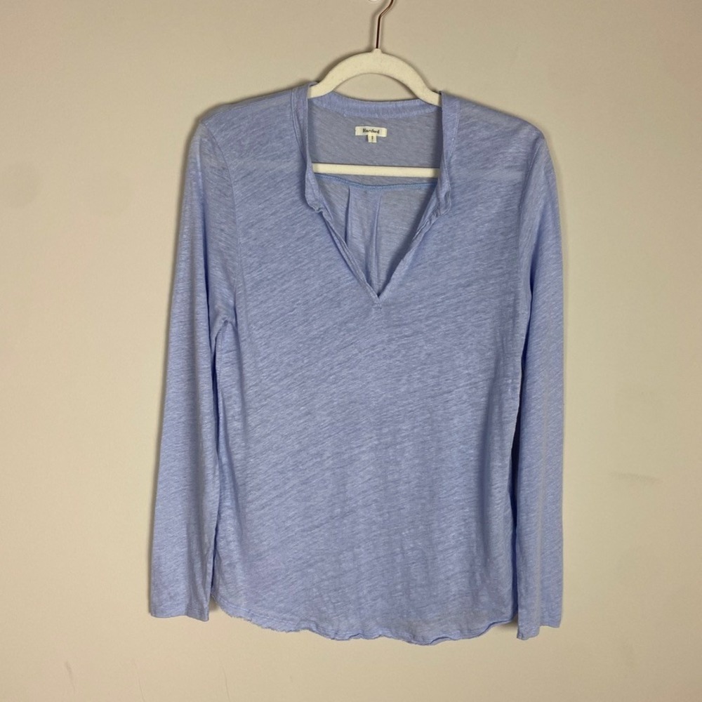 Hartford Linen Top Womens 8 Blue Long Sleeve Slub Knit Relaxed Coastal Natual